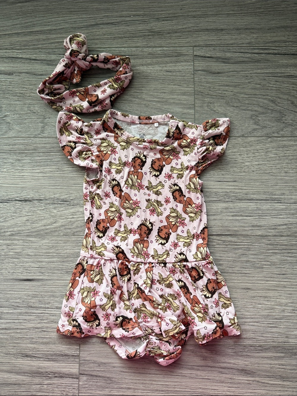 Little Snuggles Disney Tiana Pink Floral Baby Romper with Headband Size 3-6M